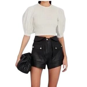 Intermix Kayla White Smocked Puff Sleeve Cropped Top Size M Cottage Romantic